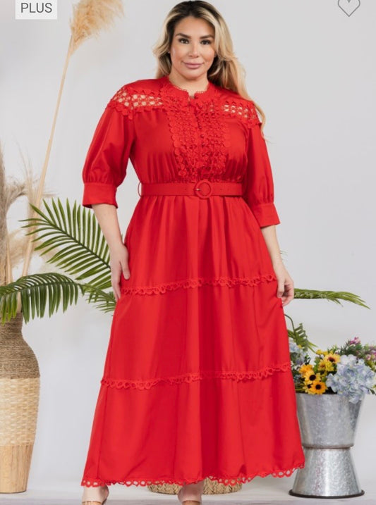 Vestido rojo largo Plus crochet maxi