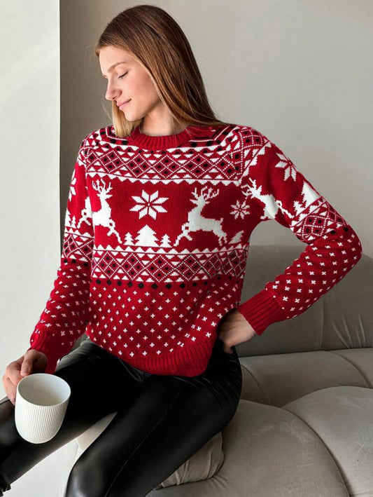 Suéter de Navidad rojo (renos, copos y pinos blancos)