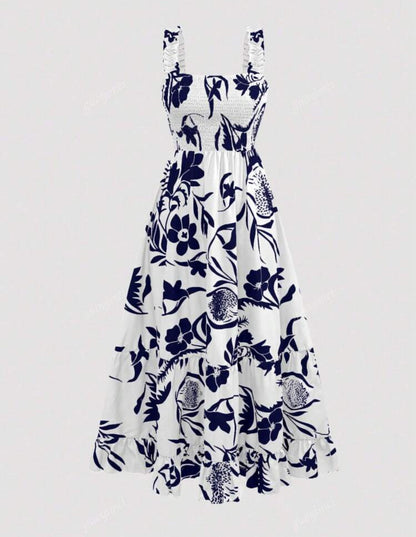 Vestido blanco con estampado azul y tirantes