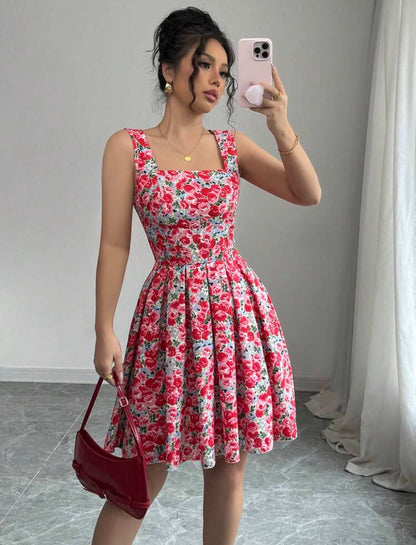 Vestido rosado corto estampado floral