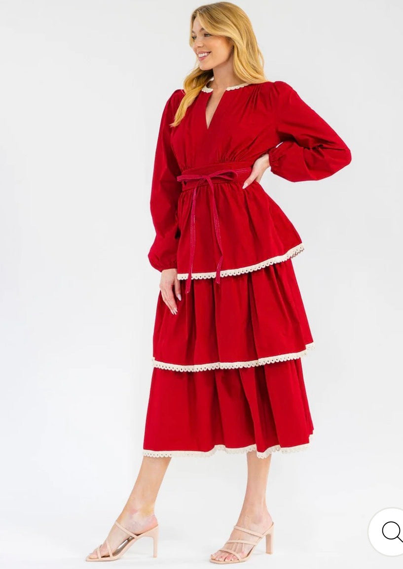 Vestido largo rojo para mujer de manga larga con escote en V, volantes y diseño en capas