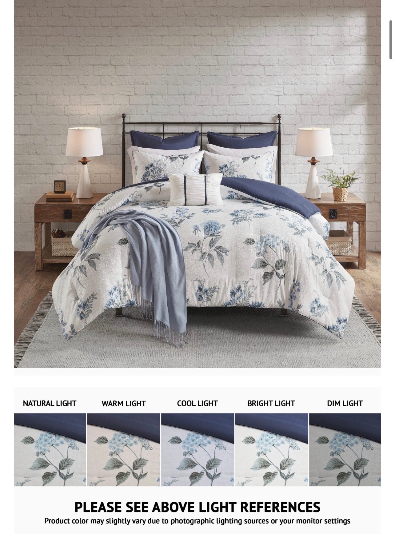Madison Park Zennia Farmhouse Comforter Set with Throw-Blanket, Floral Print on Seersucker Textures, All Season Bedding, Matching Shams, Toss Pillows, King/Cal King(104"x92"), Blue 7 Piece. Juego de cama de 7 piezas tamaño King.