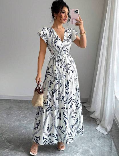 Vestido blanco largo estampado azul cuello V