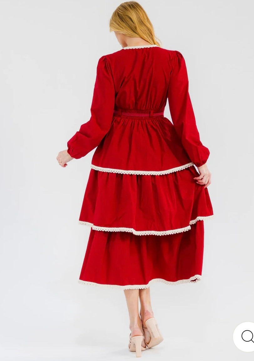 Vestido largo rojo para mujer de manga larga con escote en V, volantes y diseño en capas