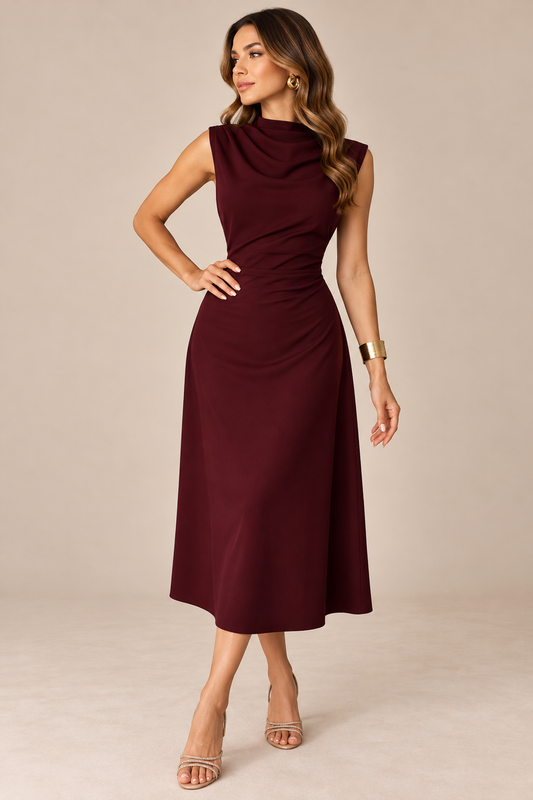Vestido rojo oscuro largo plisado