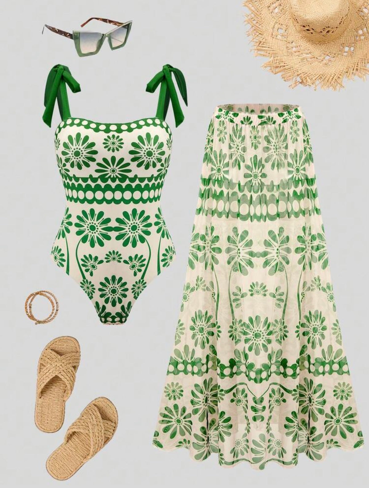 Conjunto traje de baño con falda verde (dos piezas)