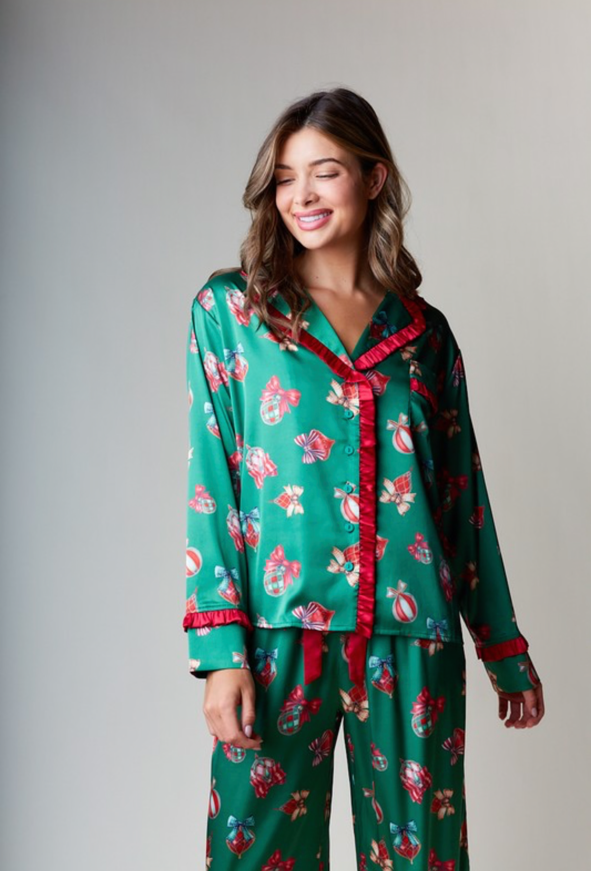 Set de pijama de satin Navidad verde y rojo