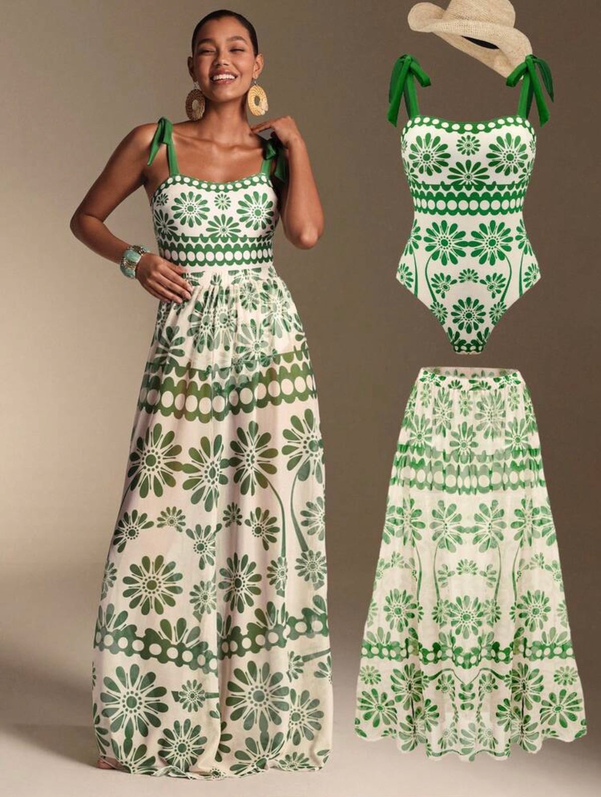 Conjunto traje de baño con falda verde (dos piezas)