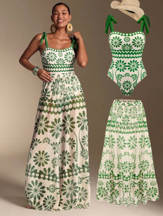 Conjunto traje de baño con falda verde (dos piezas)