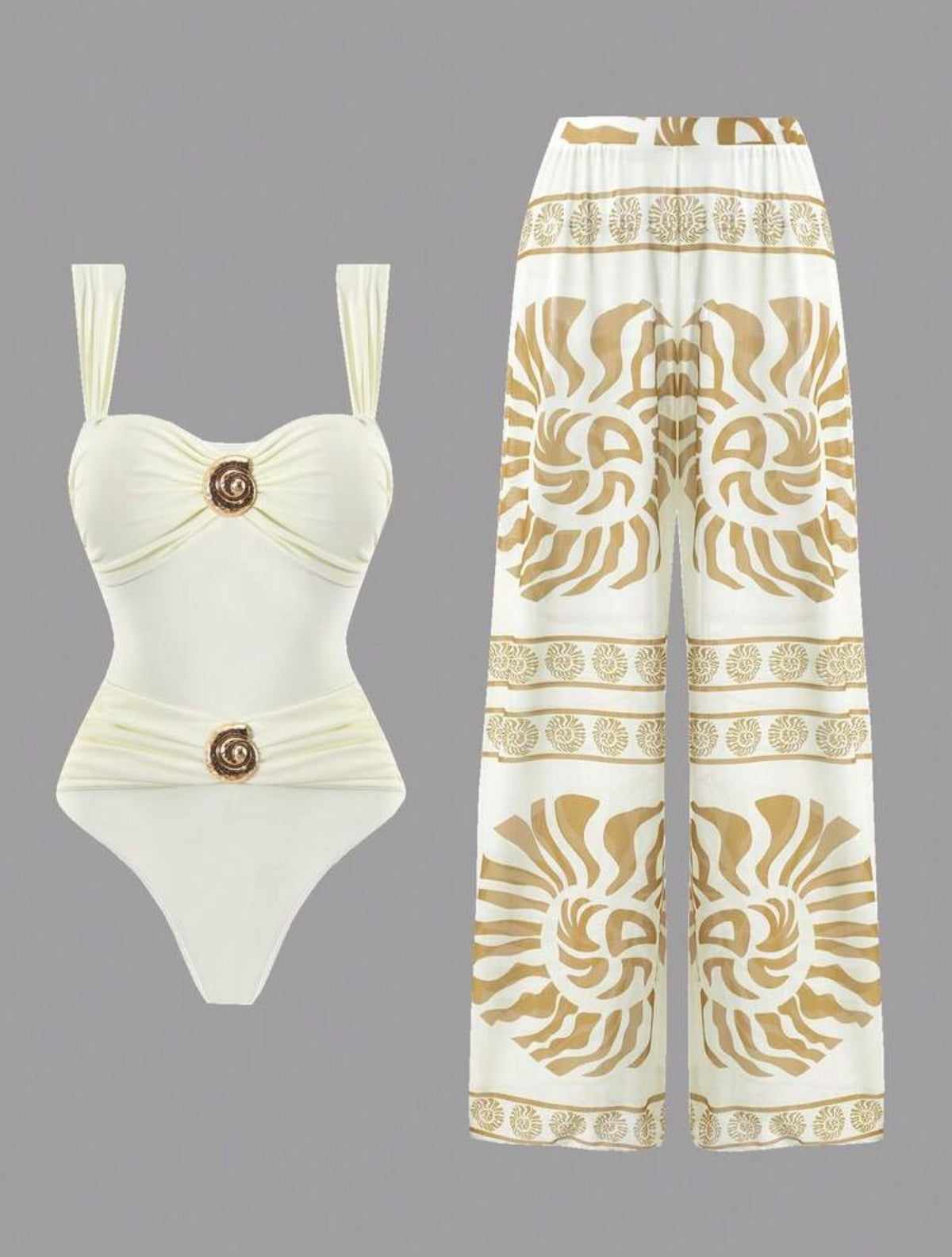 Conjunto traje de baño y pantalón beige (dos piezas)