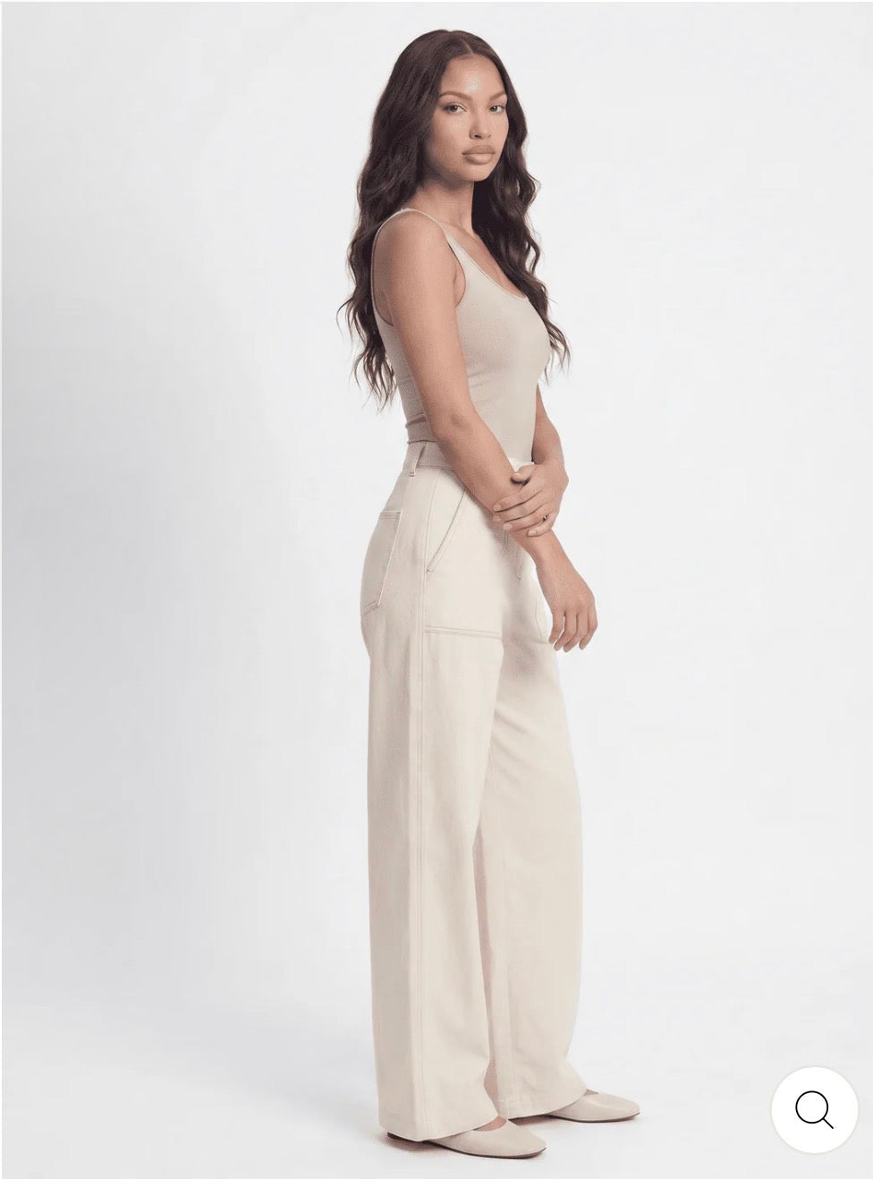 Pantalón beige wide leg de lino y algodón cintura elástica