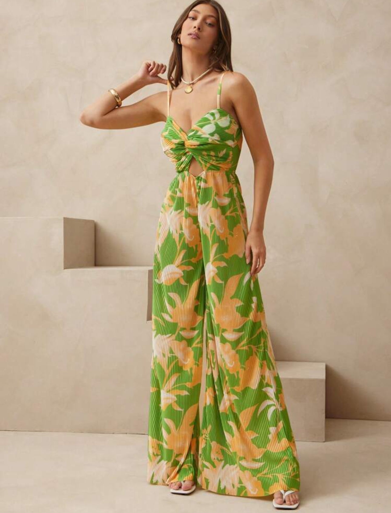 Jumpsuit plisado verde y anaranjado