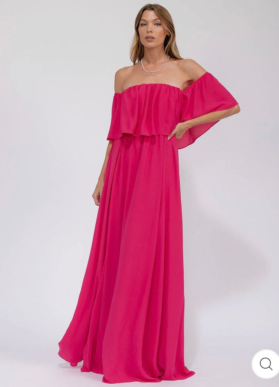Vestido maxi fucsia elegante de manga corta con cintura elástica shoulder off