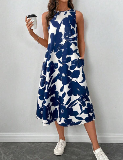 Vestido blanco y azul estilo midi linea A con estampado floral