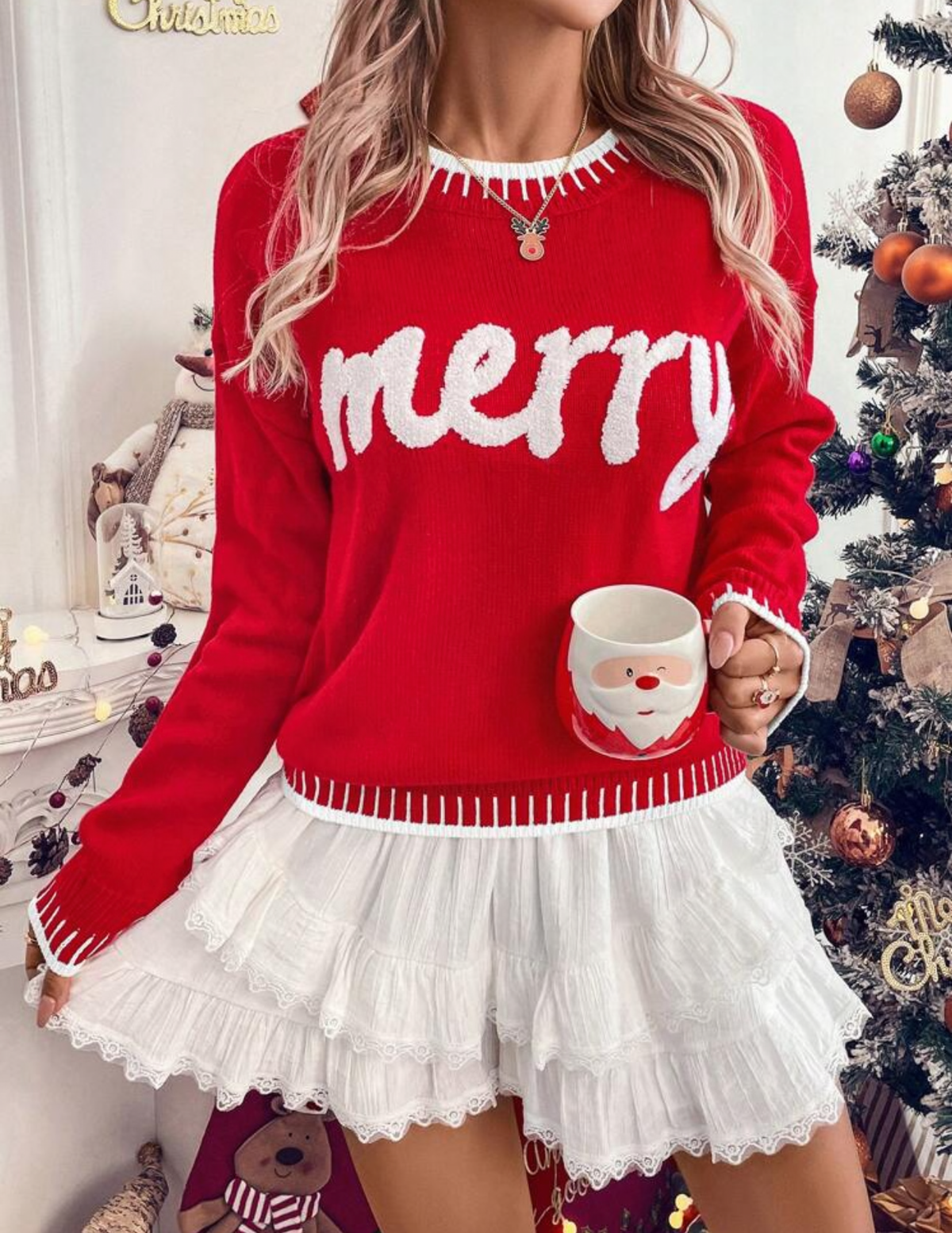 Suéter de Navidad rojo letras Merry en blanco