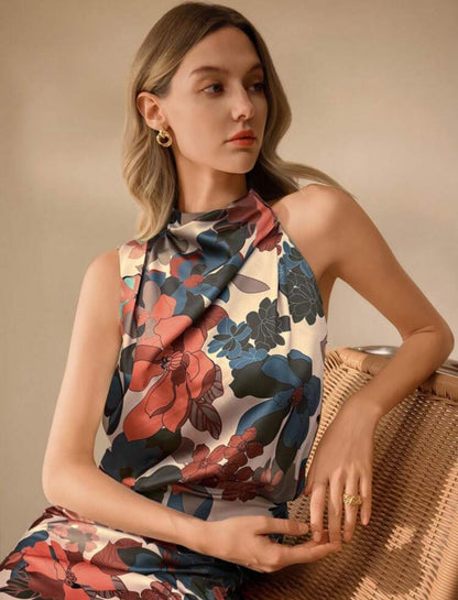 Vestido beige estilo midi con estampado floral anaranjado