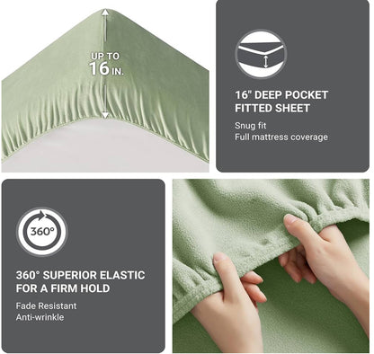 True North by Sleep Philosophy Micro Fleece Bed Sheet Set, Warm, Sheets with 14" Deep Pocket, for Cold Season Cozy Sheet-Set, Matching Pillow Case, Queen, Green, 4 Piezas