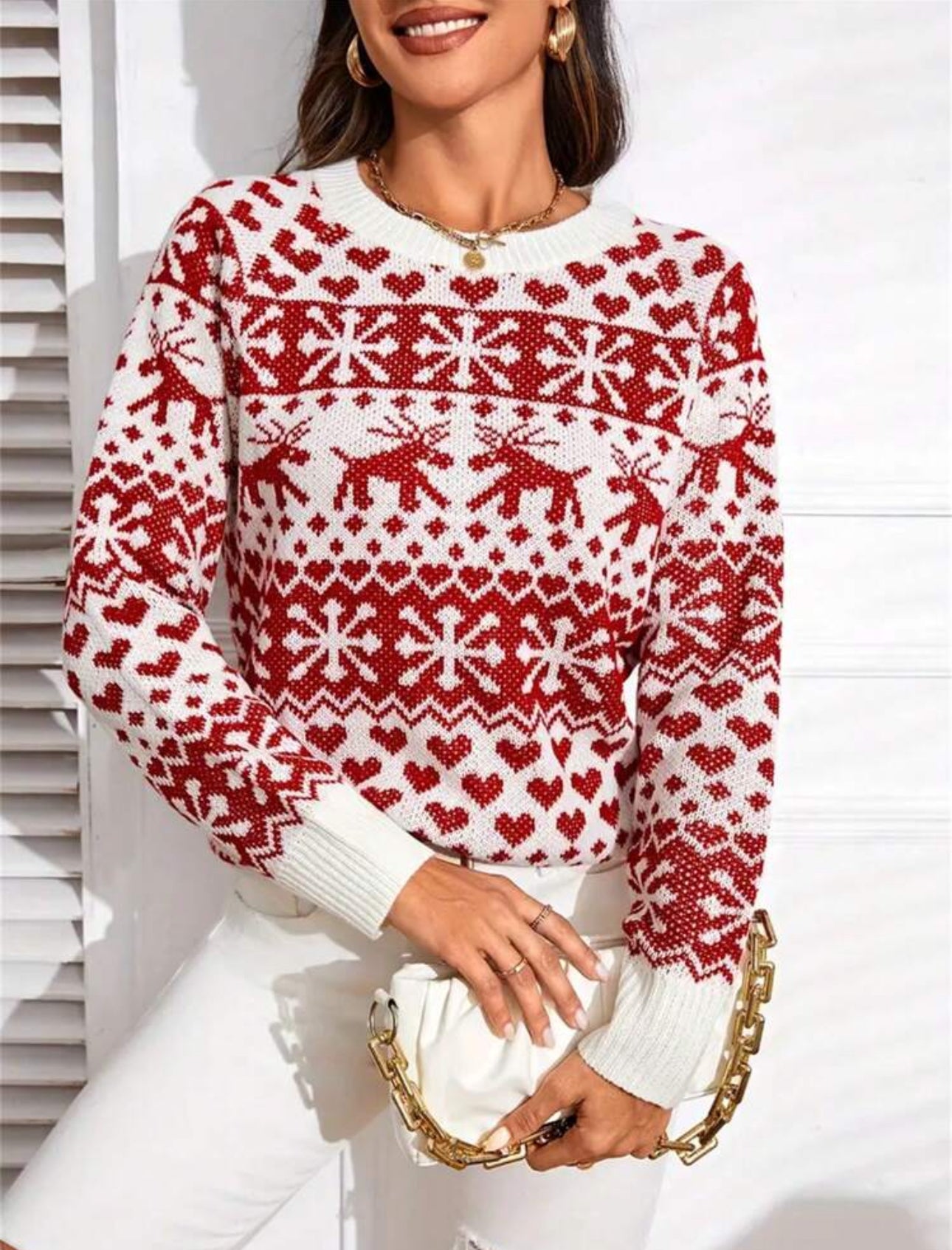 Suéter de navidad blanco con reno rojo