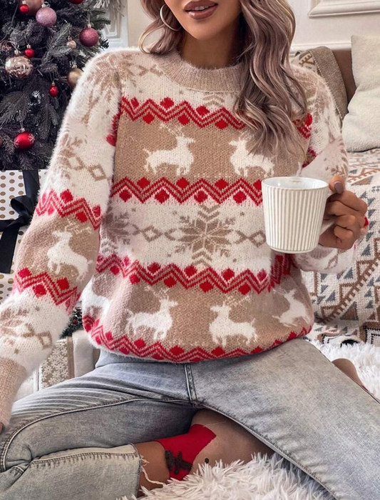 Suéter de Navidad beige con rojo y blanco