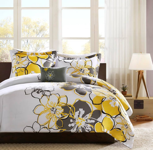Mi Zone Allison Comforter Set Fun Bedroom Décor - Modern All Season Floral Vibrant Color Cozy Bedding Layer, Matching Sham, Decorative Pillow, King/Cal King, Yellow/Grey 4 Piece