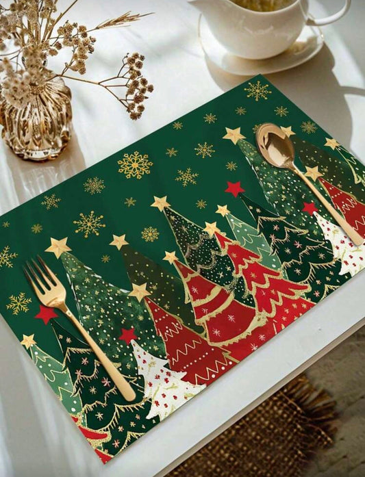 4 manteles de Navidad verde con dorado y rojo