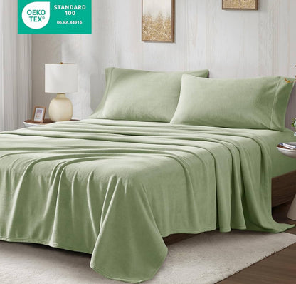 True North by Sleep Philosophy Micro Fleece Bed Sheet Set, Warm, Sheets with 14" Deep Pocket, for Cold Season Cozy Sheet-Set, Matching Pillow Case, Queen, Green, 4 Piezas