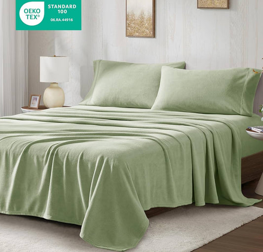True North by Sleep Philosophy Micro Fleece Bed Sheet Set, Warm, Sheets with 14" Deep Pocket, for Cold Season Cozy Sheet-Set, Matching Pillow Case, Queen, Green, 4 Piezas