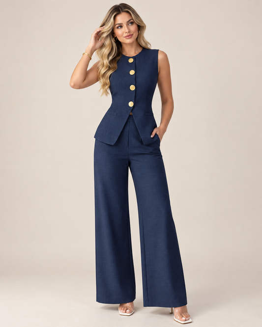 Conjunto azul de botones dorados dos piezas
