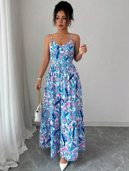 Vestido largo azul claro con estampado rosado