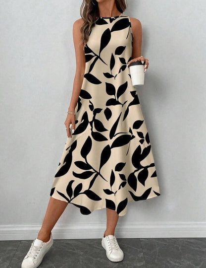 Vestido beige y negro con estampado floral