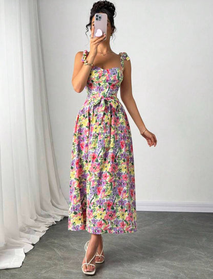 Vestido largo multicolor con cordón