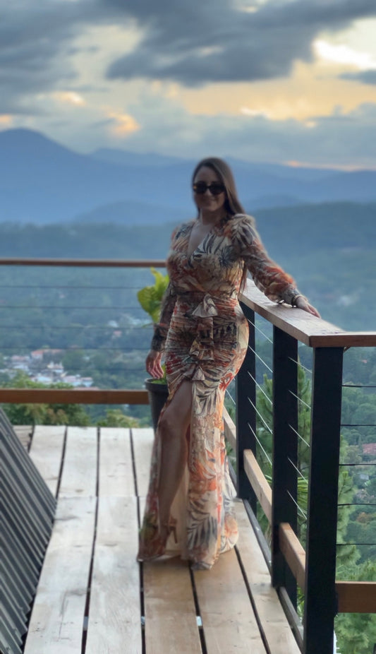 Vestido de noche floral multicolor de lujo