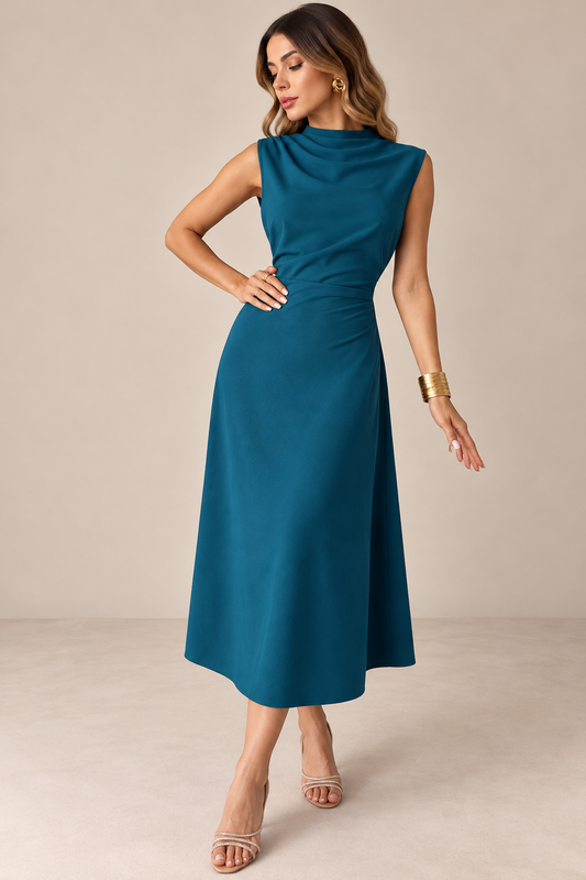 Vestido azul teal plisado