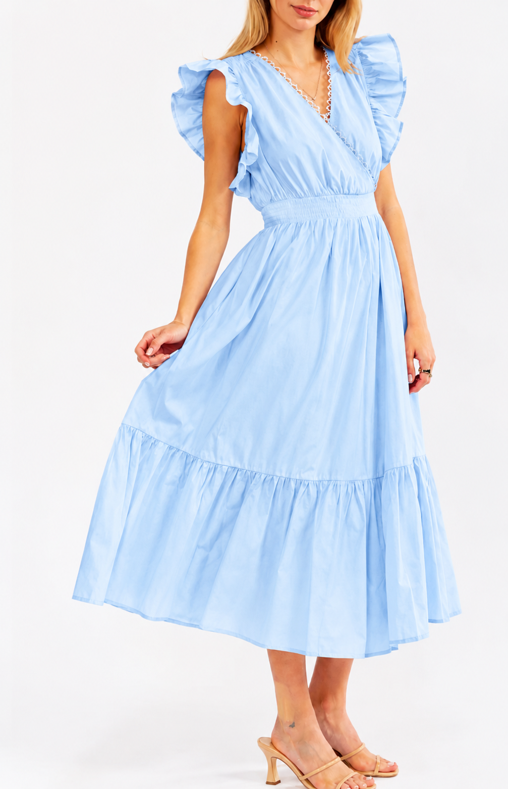 Vestido azul celeste  maxi mangas de vuelo V-Neck