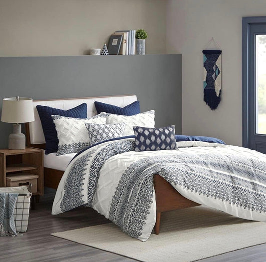 INK+IVY Queen Comforter Set, Chic Chevron Chenille Tufting Accent, Boho Comforters, All Season, Lightweight Cotton Comforter Bedding, 2 Shams - Azul