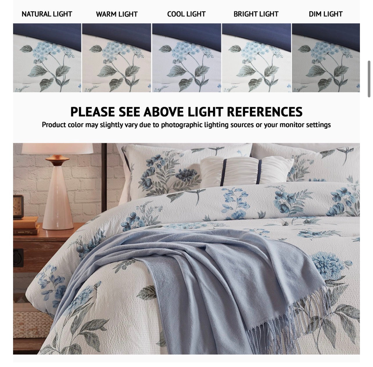 Madison Park Zennia Farmhouse Comforter Set with Throw-Blanket, Floral Print on Seersucker Textures, All Season Bedding, Matching Shams, Toss Pillows, King/Cal King(104"x92"), Blue 7 Piece. Juego de cama de 7 piezas tamaño King.