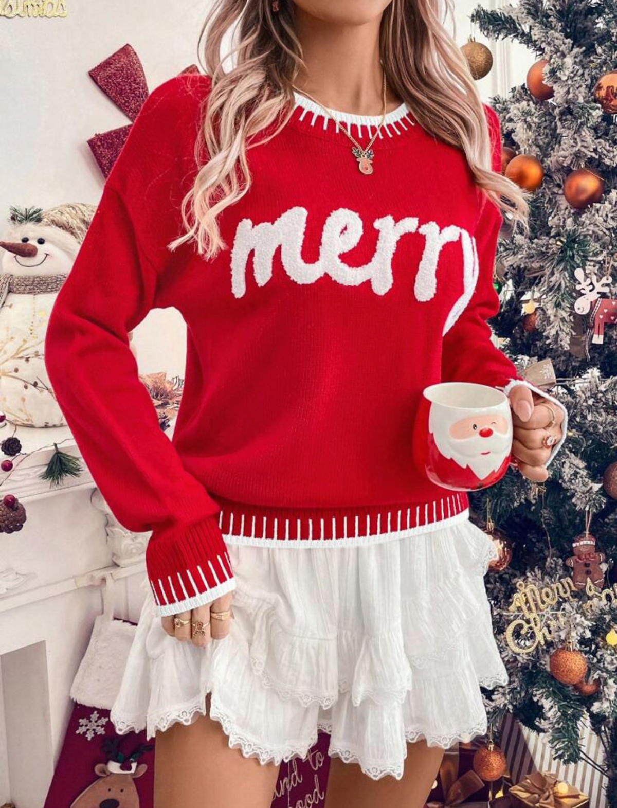 Suéter de Navidad rojo letras Merry en blanco