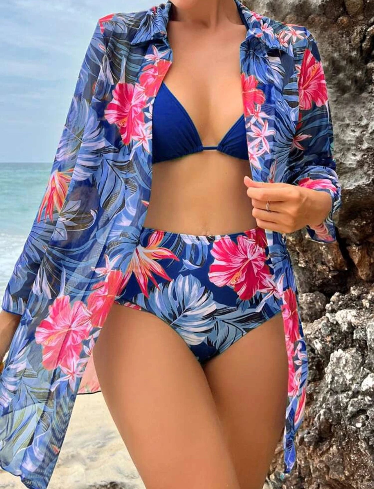 Traje de bano 3 piezas rosado y azul marino