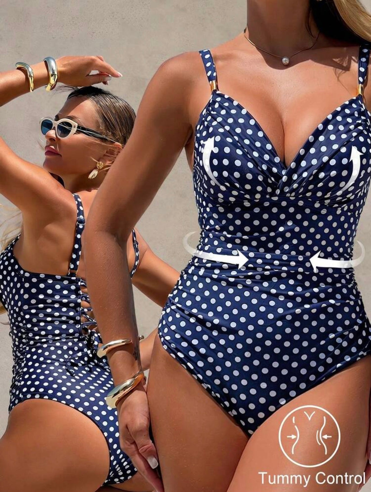 Traje de baño azul polka dot con control abdominal