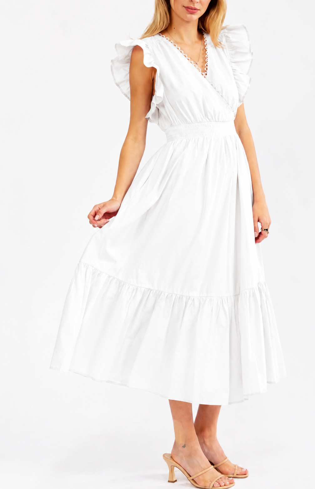Vestido blanco maxi mangas de vuelo V-Neck