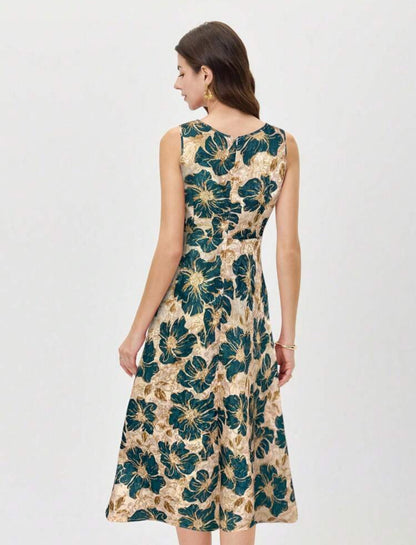 Vestido midi beige con flores verdes
