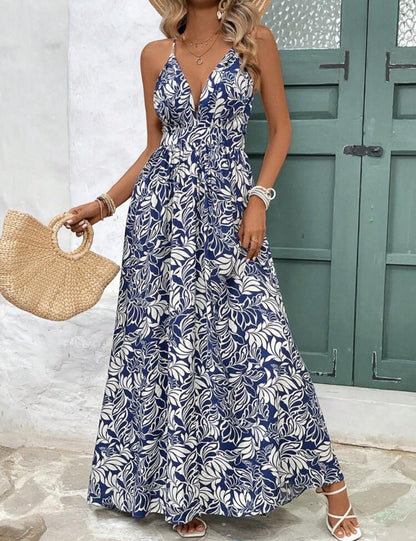 Vestido azul y beige de verano con tirantes cruzados
