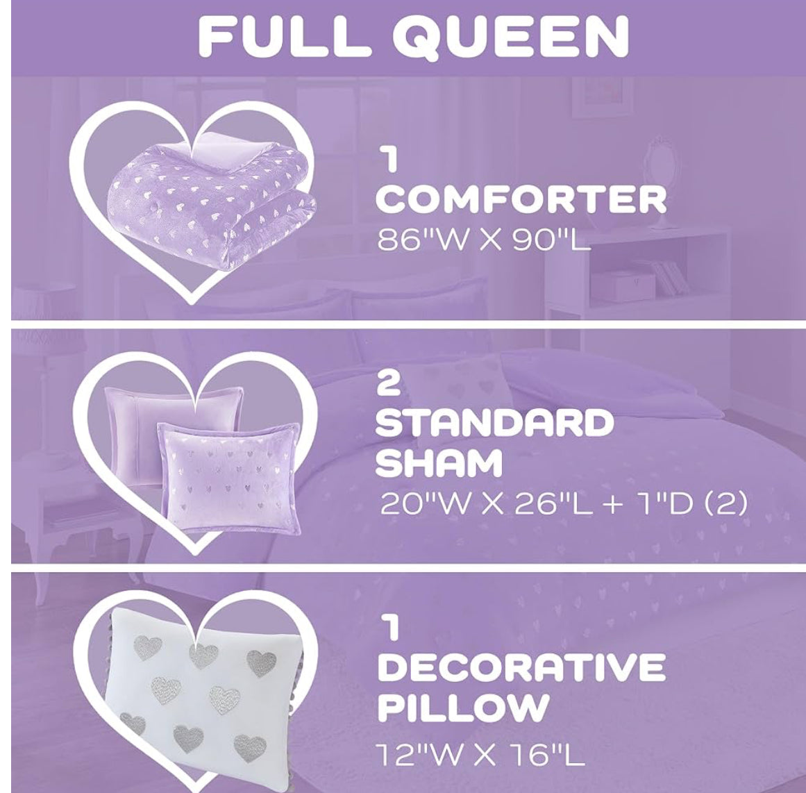 Mi Zone Rosalie Comforter, Ultra-Soft Microlight Plush Metallic Printed Hearts. Reverse Overfilled Down Alternative Hypoallergenic Full/Queen, Purple/Silver, 4 pieces - 1 comforter, 2 shams and 1 dec pillow