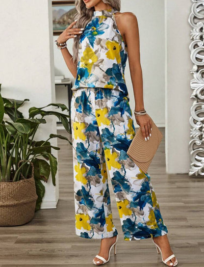 Conjunto floreado azul y amarillo