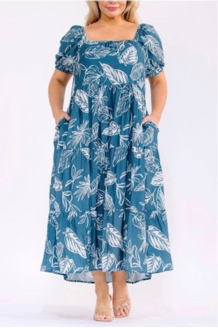Vestido azul plus maxi con bolsillos