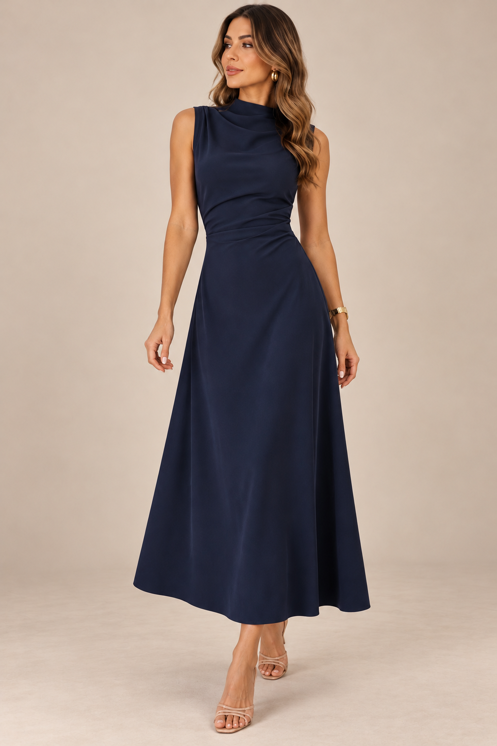 Vestido azul marino elegante plisado