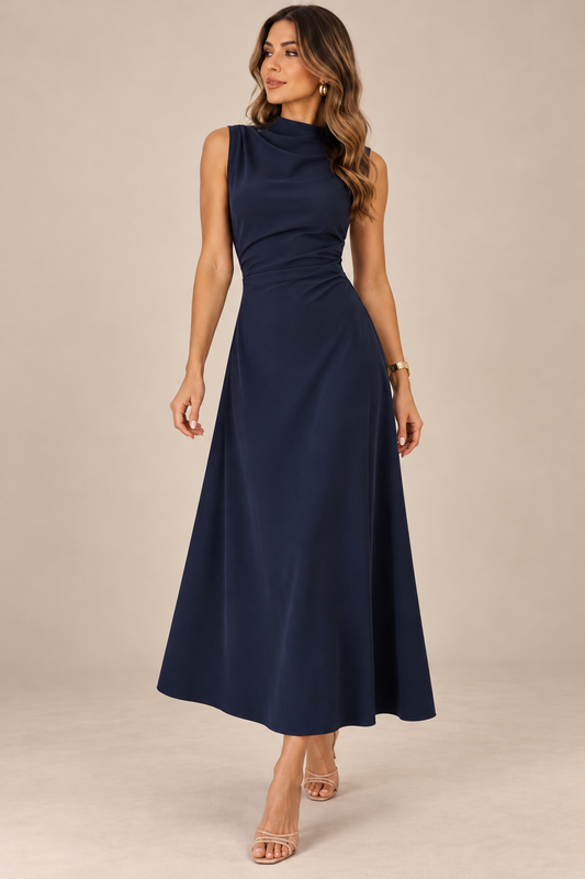 Vestido azul marino elegante plisado