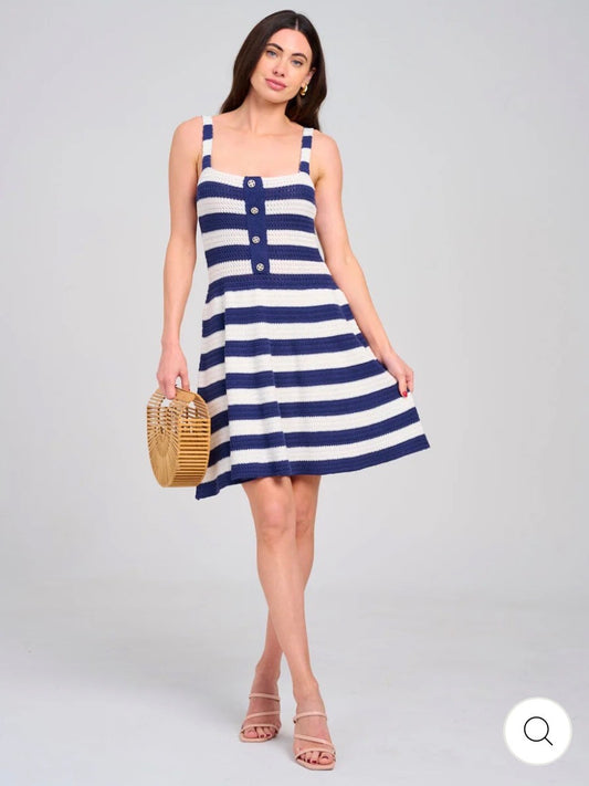 Vestido rayas azul y blanco corto tejido para mujer sin mangas con diseño de rayas y color block.