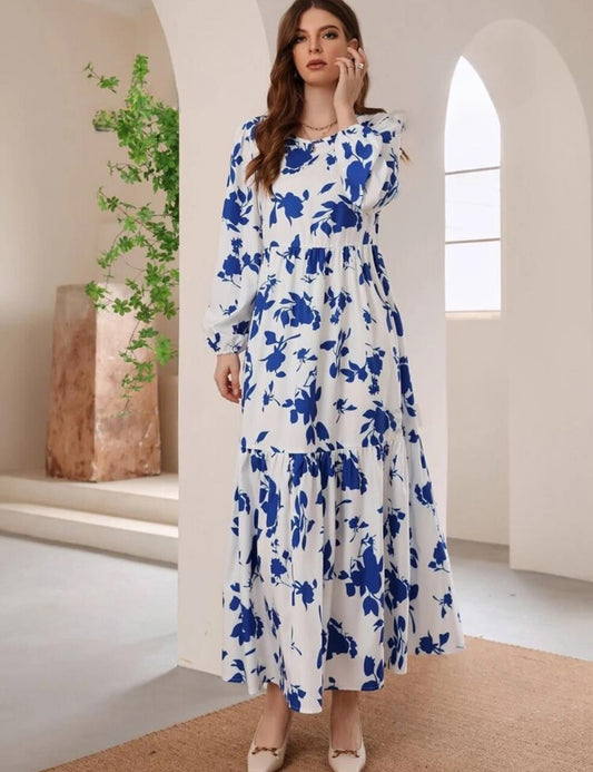 Vestido blanco flores azules