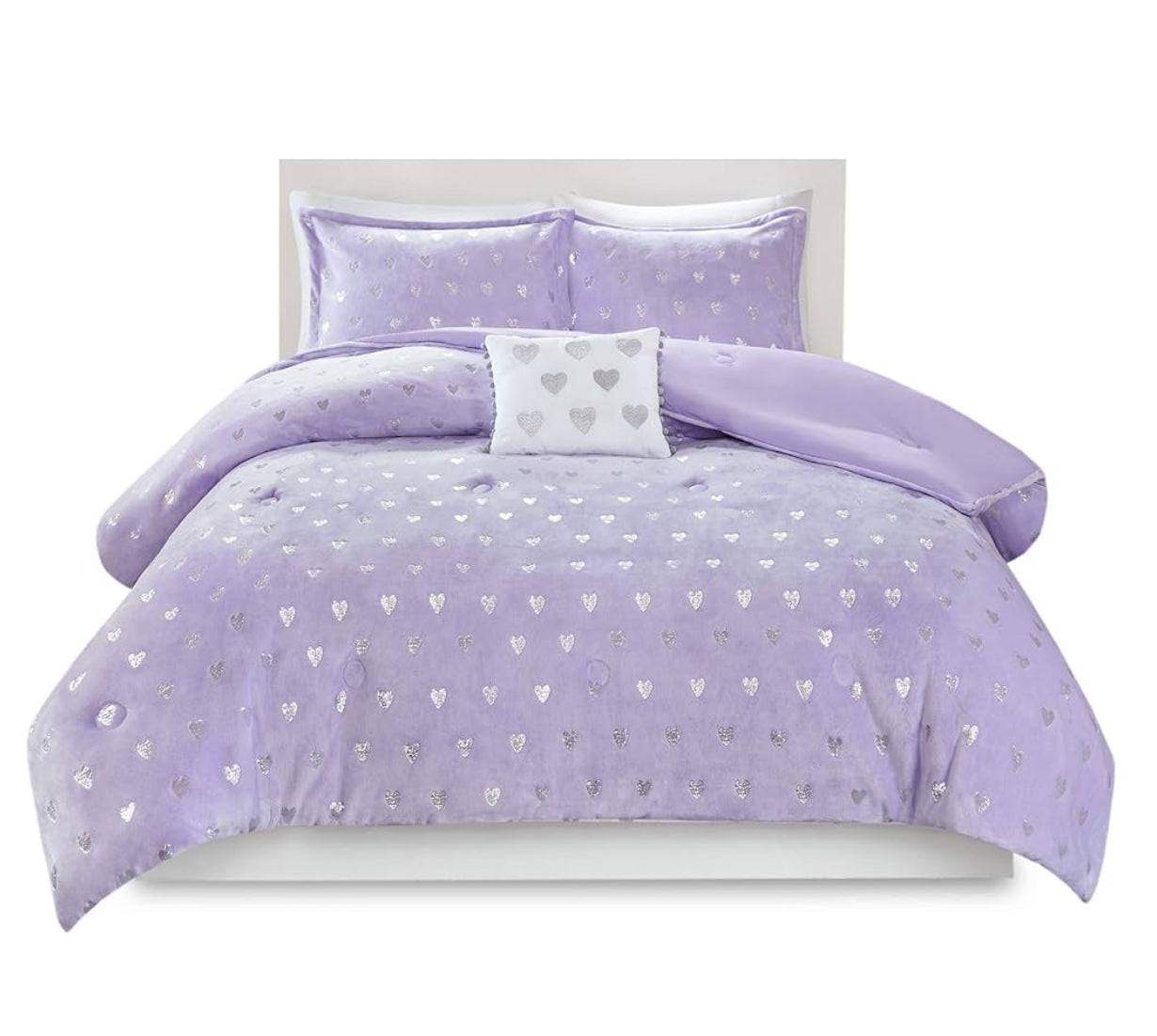 Mi Zone Rosalie Comforter, Ultra-Soft Microlight Plush Metallic Printed Hearts. Reverse Overfilled Down Alternative Hypoallergenic Full/Queen, Purple/Silver, 4 pieces - 1 comforter, 2 shams and 1 dec pillow
